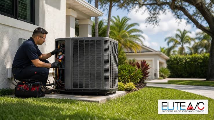 Technician servicing an outdoor air conditioner beside a landscaped home
